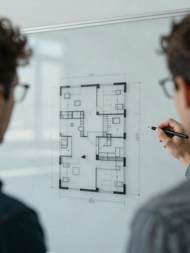 Close-up of software engineers collaborating over a physical whiteboard with architectural diagrams, cool-toned daylight