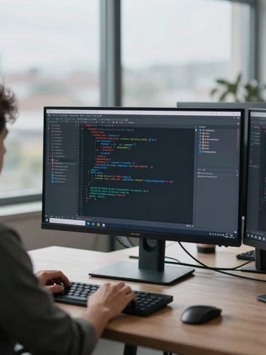 Cool editorial photography of a modern, structured workspace with a software engineer analyzing a clean IDE code interface on a high-resolution monitor, overcast daylight, muted slate tones, shallow depth of field.