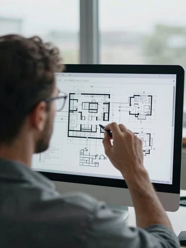 Over-the-shoulder view of an engineer analyzing a complex architectural system diagram on a screen, natural cool daylight, muted slate tones