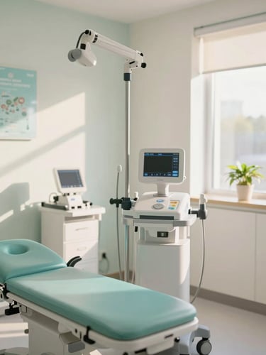 Bright modern veterinary clinic interior, warm natural light, clean examination room with state-of-the-art equipment, soft teal accents, professional 35mm photography