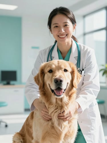 Warm clinical photography of a smiling veterinary doctor gently holding a healthy golden retriever in a bright, modern clinic lobby, soft natural daylight, teal accents, shallow depth of field, professional 35mm.