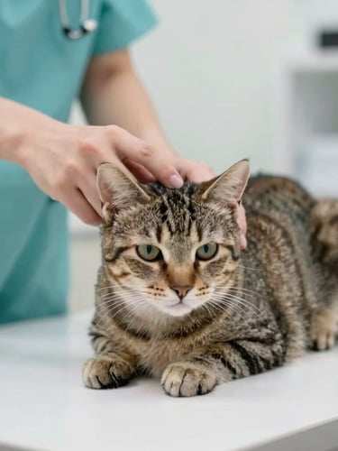 Close-up of a veterinary hand gently petting a calm tabby cat on a clean, modern examination table, soft light, professional 35mm.