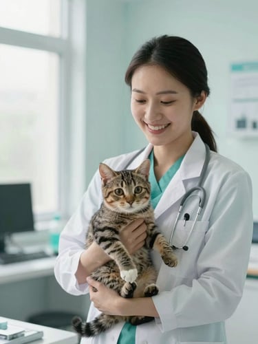 A warm clinical photograph of a smiling veterinary doctor gently holding a small healthy tabby cat in a bright modern clinic, soft teal tones, natural daylight.