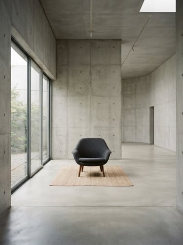 Architectural editorial photography of a minimalist concrete gallery space, soft natural window light, muted neutral tones, medium format film, 80mm lens, a single low-slung charcoal lounge chair in the center.