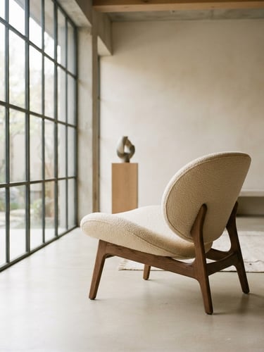 A minimalist architectural lounge chair in a warm cream gallery setting, soft natural side-lighting from a large window, medium format film