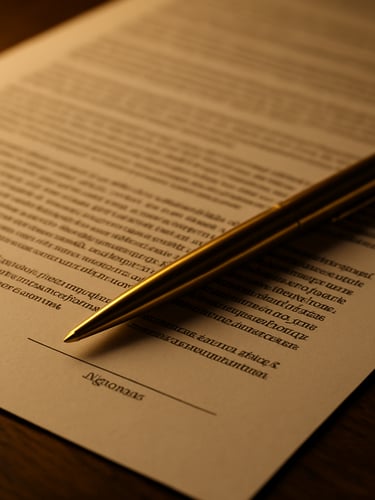 Close-up of a legal contract page spread open on a dark oak desk, a gold pen resting diagonally across the signature line, warm tungsten lamp light casting soft shadows on the paper, selective focus on printed clauses in the foreground