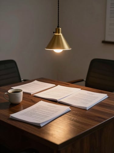 Medium environmental shot of a law consultation room at dusk — a dark wood desk with legal documents spread open for review, two empty chairs facing each other, a ceramic coffee cup to one side, warm tungsten desk lamp casting a cone of gold light on the contract pages, no people, quiet and serious atmosphere