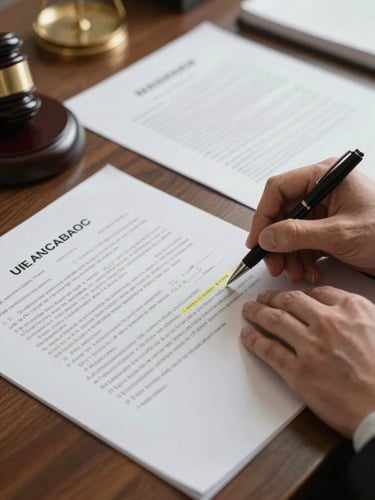 Overhead view of legal documents spread across a consultation desk, a lawyer's hands reviewing highlighted contract clauses with a pen, warm diffused office light, shallow depth of field emphasizing the annotated text