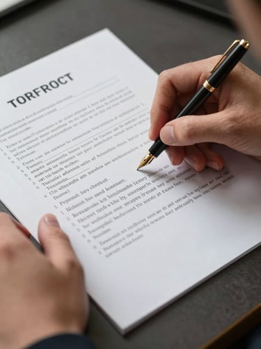 Close-up overhead shot of hands carefully reviewing a printed contract document on a dark desk, a gold-tipped fountain pen held lightly above a highlighted clause, warm indoor tungsten light, soft shadows at edges, crisp document texture visible