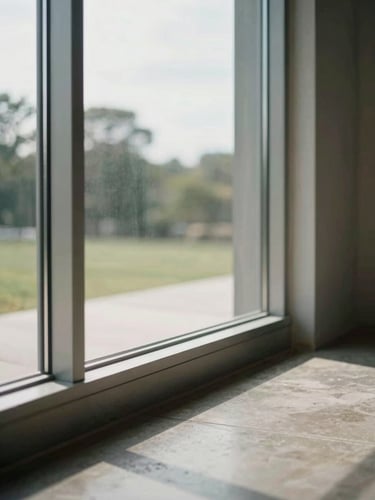 Wide environmental interior shot looking through a large installed aluminum-framed window toward a daylit exterior, tight frame-to-wall transition visible at the sill, natural light washing across a polished concrete floor, no people