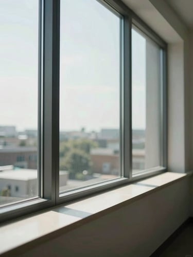 Interior environmental shot looking outward through a large installed window system — daylight flooding through the glass, the window frame sharp against the bright exterior view, architectural sill and jamb detail visible in the foreground, no people present