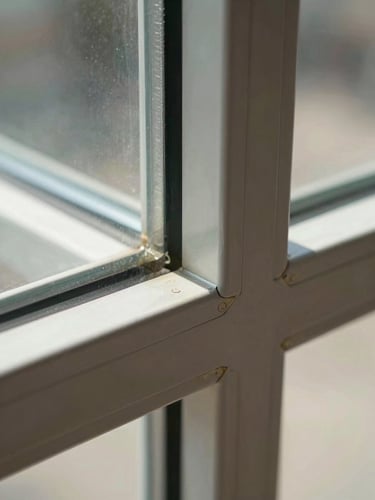 Macro close-up of a glass-to-frame corner joint on a completed installation, angled natural light revealing the precision of the seal line and the powder-coat finish on the aluminum, no people
