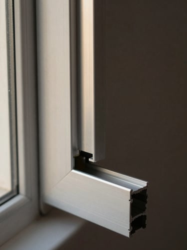 Extreme close-up of an aluminum window frame corner joint flush against a plaster wall, indirect north-facing daylight revealing the precision of the gasket seal and miter cut, warm gray tones, architectural detail photography