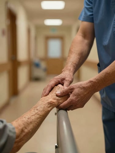 Close-up of a care worker's hands steadying an elderly resident's arm on a corridor handrail, warm tungsten interior light, care home hallway softly out of focus behind them, attentive and unhurried