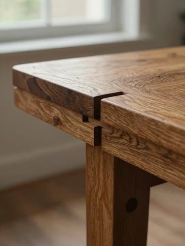 Moody editorial photography, natural window side-light, extreme macro detail of interlocking mortise-and-tenon wood joints on a heavy oak table, shallow depth of field, 35mm