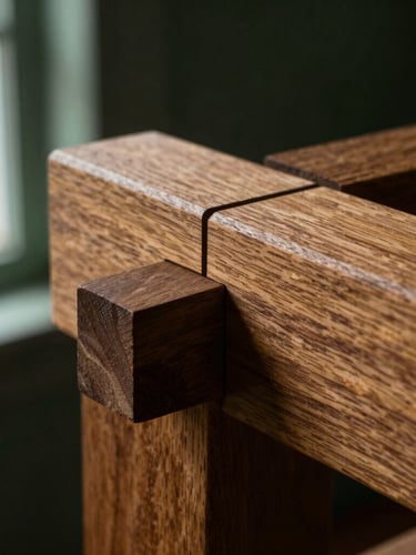Extreme macro detail of interlocking mortise-and-tenon wood joint, dark forest green background, dramatic window side-light, rich warm oak tones, shallow depth of field, 35mm