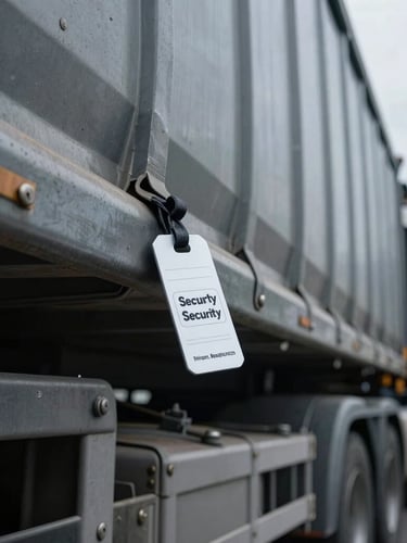 Close-up of a heavy transport truck trailer being sealed with a security tag, industrial metal textures, cool overcast daylight