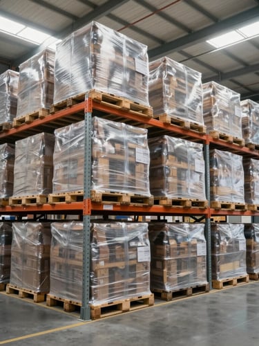 Wide environmental shot of a clean German logistics warehouse, sealed shrink-wrapped pallets stacked on high metal racks, cool natural daylight from skylights, professional composition.