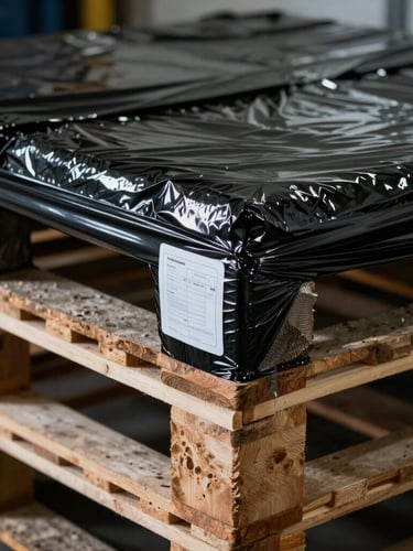 Close-up of a wooden shipping pallet wrapped in black protective stretch film, a white security seal sticker intact on the side, cool industrial lighting.