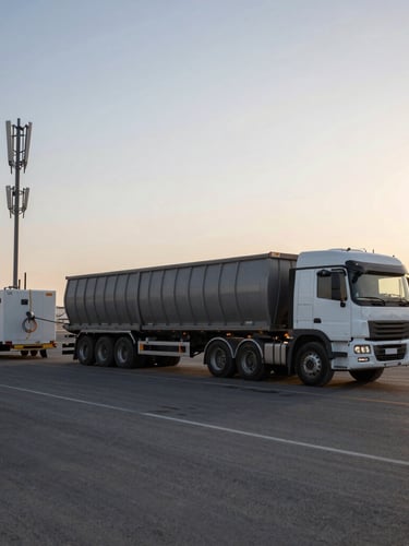 Wide-angle shot of a heavy freight transport truck parked next to a telecom fiber optic splicing trailer at dawn, industrial site in Riyadh, crisp lighting.