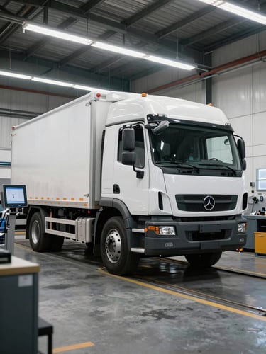 Crisp overhead lighting illuminating a clean, organized vehicle workshop bay, a commercial freight truck positioned over a service pit, diagnostic equipment nearby.