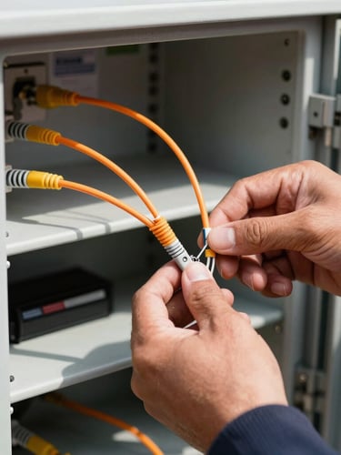 A close-up, high-contrast shot of a telecom technician's hands carefully splicing fiber optic cables inside an open street-side cabinet, bright daylight, sharp focus on the orange fiber strands.