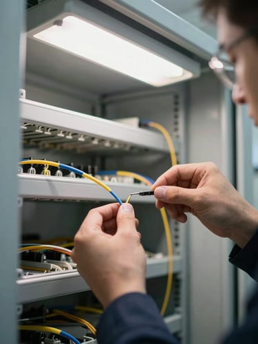 Close-up of a technician's hands splicing fiber optic cables inside an OSP telecom enclosure, bright overhead technical lighting, clean workspace.