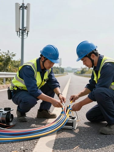 Wide environmental shot of telecom engineers splicing fiber optic cables in a clean, professional roadside setup, bright daylight.