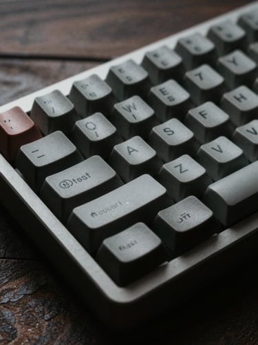 Macro close-up of a vintage mechanical keyboard on a dark wooden desk, soft diffused side light, moody atmosphere, sharp focus on key texture.