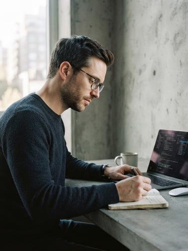 A natural, unposed portrait of a male technology analyst in a minimalist, sunlit concrete studio. Soft natural light, 35mm film aesthetic, desaturated cool tones.
