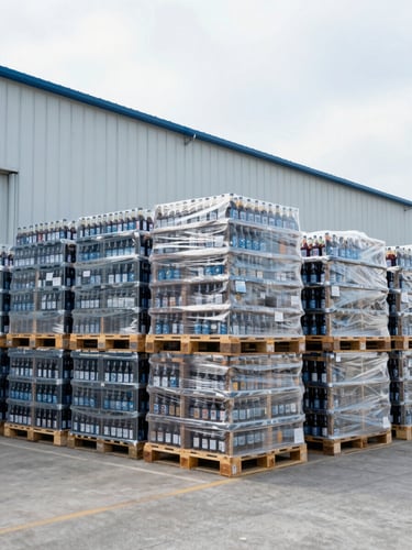Wide-angle crisp industrial warehouse with organized high-quality beverage pallets, bright natural overcast daylight, cool steel tones