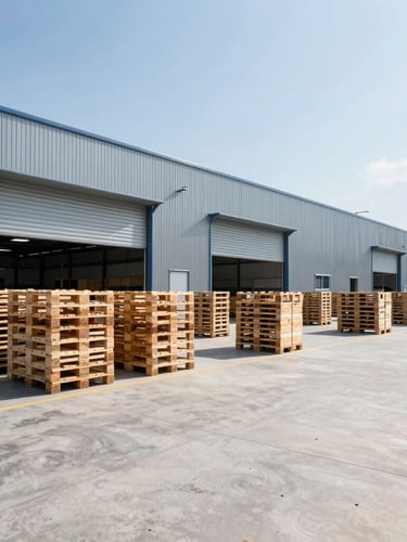 Wide-angle environmental shot of a modern distribution center with organized shipping pallets under bright daylight, cool steel tones, sharp industrial photography.