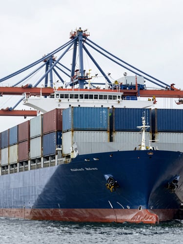 A modern cargo container ship docked at a high-scale Dutch port terminal, bright overcast daylight, cool blue and steel gray tones