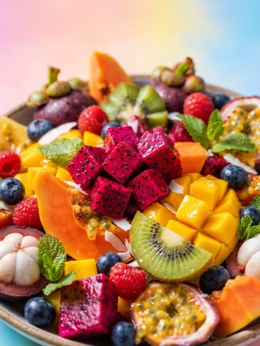 Close-up vibrante de ingredientes frescos e coloridos para uma receita viral, como frutas exóticas ou vegetais crocantes, iluminado por luz de anel, com fundo pastel saturado, enquadramento dinâmico.