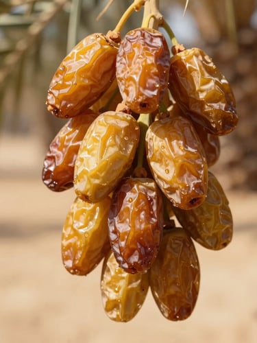 Close-up of golden amber dates hanging from a palm tree branch in Tozeur, harsh Saharan sunlight, 35mm