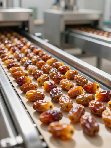 A clean, modern, stainless-steel date sorting facility in Tunisia, cool clinical lighting, structured rows of translucent amber Deglet Nour dates on a conveyor belt, professional food safety standards, 35mm.