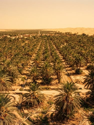 Wide panoramic shot of structured palm groves in Tozeur under harsh Saharan sunlight, deep amber and sand tones, 35mm