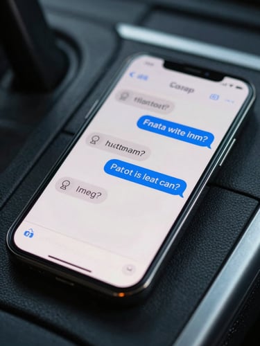 Close-up macro shot of a mobile phone screen displaying a clean SMS conversation with instant automated replies, resting on a clean truck dashboard.