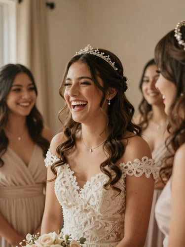 A candid portrait of a young quinceañera laughing with her friends during preparation, warm window light, organic ochre tones, editorial photography, shallow depth of field
