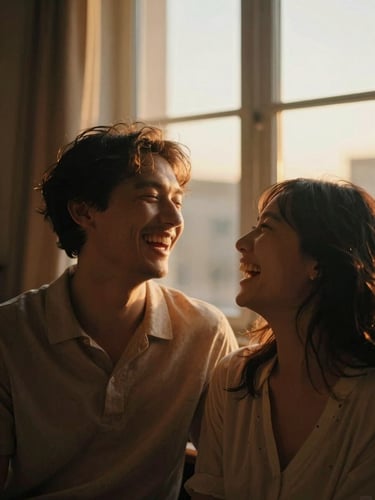 A warm editorial portrait of a couple laughing mid-breath, soft golden-hour window light, rich organic tones, cinematic, shallow depth of field, 35mm film grain.