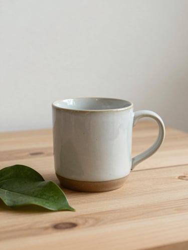 Editorial clinical photography, soft diffused daylight, a ceramic mug on a clean wooden table next to a green leaf, minimalist composition, 35mm lens.