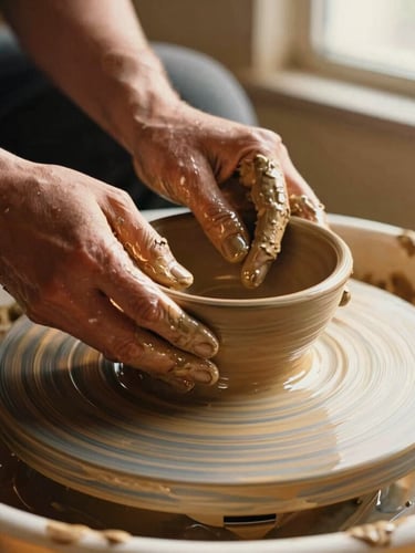Close-up of potter's hands covered in wet clay shaping a stoneware bowl on a spinning wooden wheel, warm golden-hour side lighting, 35mm film