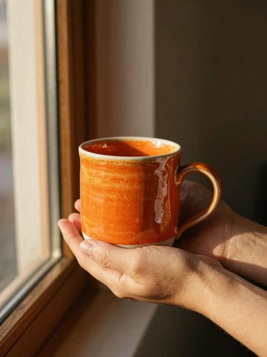 Warm editorial photography of a hand-thrown ceramic mug with bright orange glaze, cradled in hands near a wooden window frame with golden-hour light, 35mm film.