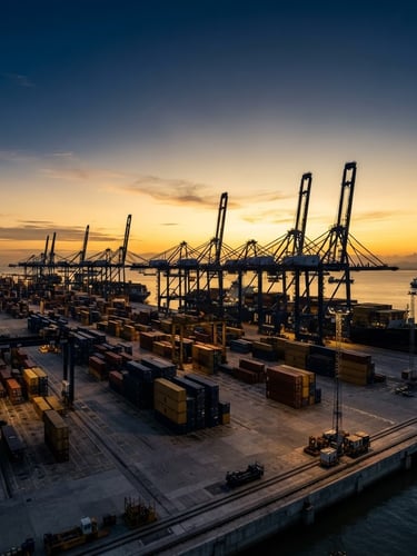 Wide architectural shot of a modern deepwater shipping terminal at dawn, massive container cranes silhouetted against a golden and deep blue sky, high contrast, elegant corporate photography, 35mm