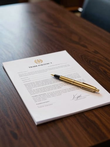 Close-up of a signed international trade contract on a dark mahogany boardroom table, warm gold pen resting on the document, crisp daylight, elegant corporate photography, 35mm