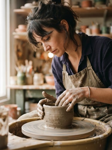 A close-up portrait of a ceramic artist with dusty hands, looking thoughtfully down at a half-formed clay vessel on a wooden wheel, soft side-light from a window, warm tones.