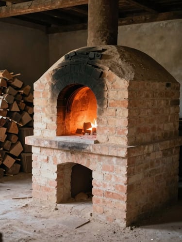 A wide, atmospheric shot of a large brick wood-fired kiln glowing orange inside, wood stacks piled beside it in a dusty, rustic studio shed.