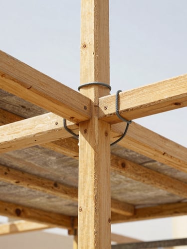 Close-up of sturdy wooden joints and heavy-duty steel wire bindings on a scaffolding structure, raw timber textures, bright harsh Kuwaiti daylight, sharp focus