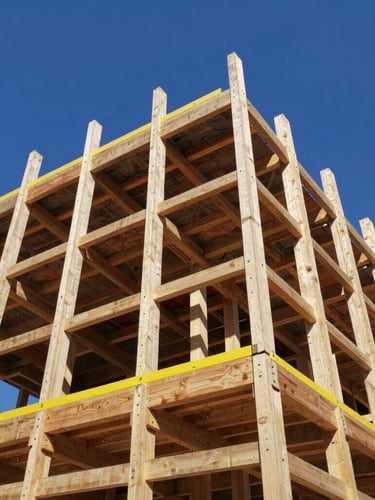 Low-angle shot looking up at a sturdy wooden scaffolding structure wrapping a building, heavy timber planks, safety yellow accents, bright blue sky, high-contrast sunlight