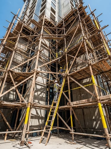 Low-angle shot looking up at a heavy-duty wooden scaffolding structure wrapping a modern building under bright harsh Kuwaiti sunlight, safety yellow accents, sharp geometric shadows, rugged construction photography.